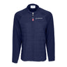 The Boeing Americana Men’s Lightweight Jacket by BOEING features navy blue quilted front panels, a full zipper with American flag pull, raglan sleeves, the Boeing logo on the left chest, and lightweight breathable fabric for comfort.