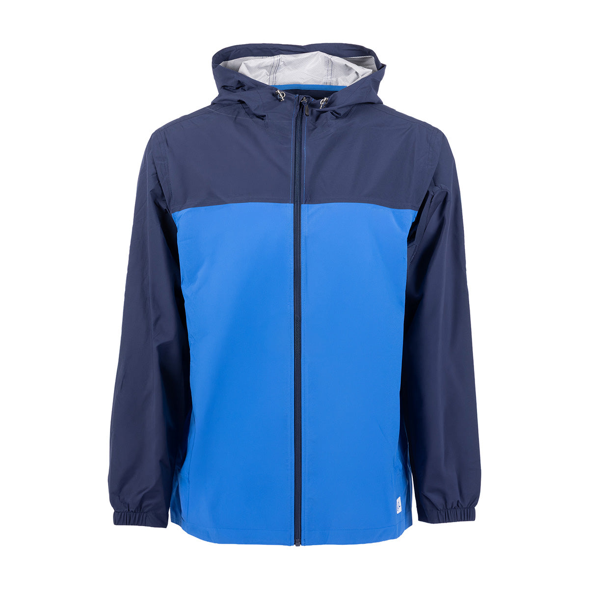 A Boeing Unisex Waterproof Rain Jacket, which is a lightweight, two-tone hooded rain jacket with a navy blue upper, a bright blue lower section, and a full-length front zipper.