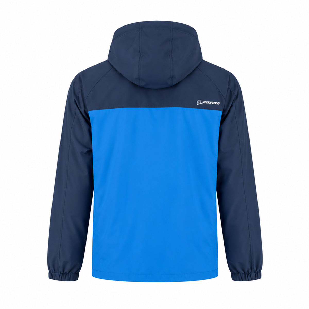 Back view of a lightweight, two-toned blue Boeing Unisex Waterproof Rain Jacket with a hood and a white logo on the upper chest.