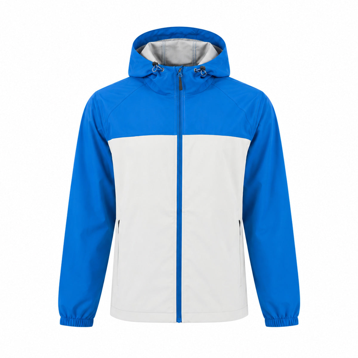 Blue and white Boeing Unisex Waterproof Rain Jacket featuring a hood and a full-length front zipper.