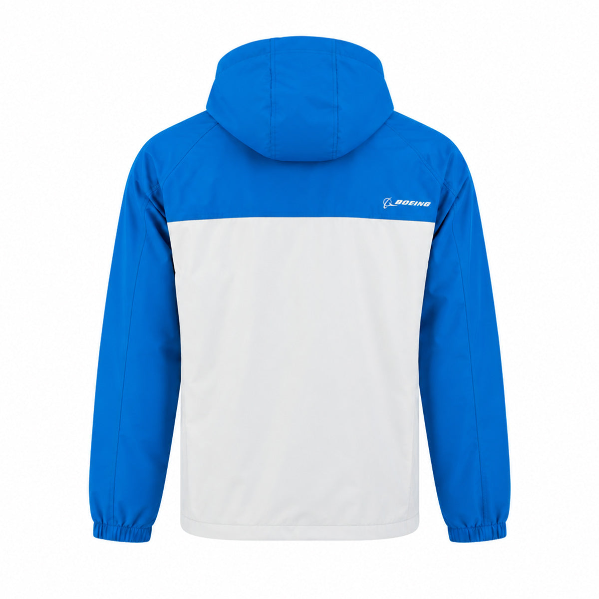 Back view of a lightweight, blue and white Boeing Unisex Waterproof Rain Jacket with a small brand logo on the upper right chest.