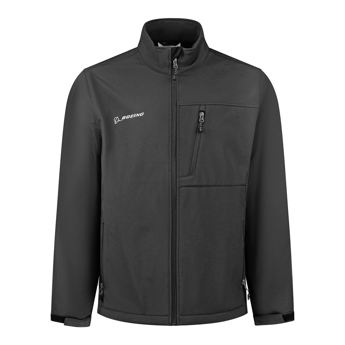Black recycled polyester Boeing Unisex Softshell Stretch Jacket with a mock neck, side pockets, and a zippered chest pocket featuring a Boeing logo on the upper left.
