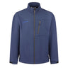 Navy blue full-zip Boeing Unisex Softshell Stretch Jacket made of recycled polyester with a high collar, two side pockets, a zippered chest pocket, and a small Boeing logo on the upper left chest.