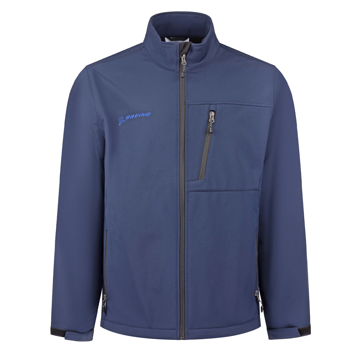 Navy blue full-zip Boeing Unisex Softshell Stretch Jacket made of recycled polyester with a high collar, two side pockets, a zippered chest pocket, and a small Boeing logo on the upper left chest.
