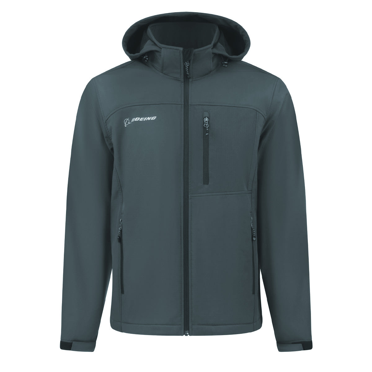 Dark gray hooded, weather-resistant Boeing Unisex Softshell Hooded Jacket featuring a front zipper, a chest pocket, and two side pockets.