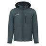 Dark gray hooded, weather-resistant Boeing Unisex Softshell Hooded Jacket featuring a front zipper, a chest pocket, and two side pockets.
