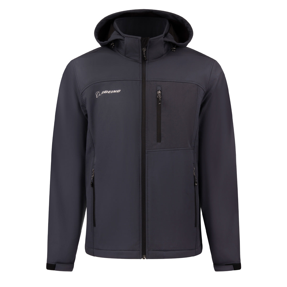 Dark grey weather-resistant Boeing Unisex Softshell Hooded Jacket with a zippered chest pocket and two zippered side pockets.