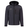 Dark grey weather-resistant Boeing Unisex Softshell Hooded Jacket with a zippered chest pocket and two zippered side pockets.