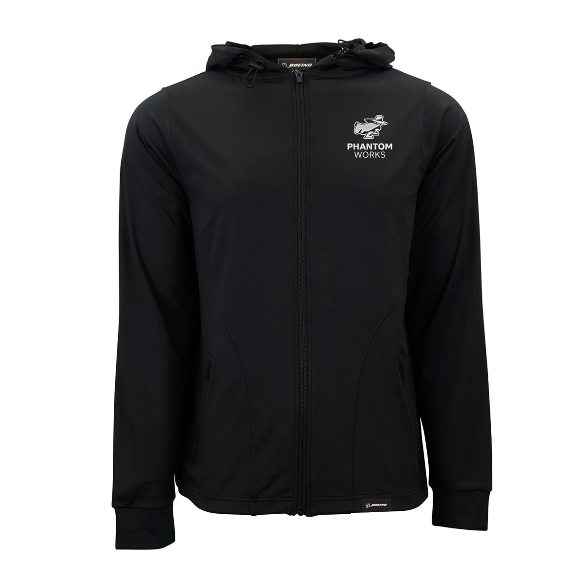Introducing the Boeing Phantom Works Men’s Performance Jacket by BOEING—a black hooded jacket with a front zipper, showcasing the Boeing logo and Phantom Works text in white on the left chest. The perfect engineering apparel for aviation enthusiasts.