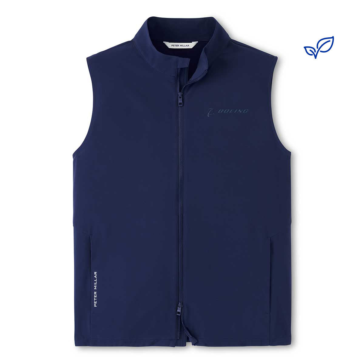 Dark blue sleeveless vest with a high collar and front zipper. The brand names "Boeing" and "Peter Millar" are subtly printed. Simple and sleek design.