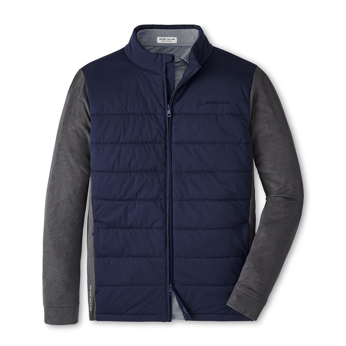 The Peter Millar Boeing Men's Hybrid Fleece Jacket by BOEING features a navy quilted zip front, gray contrast sleeves, a collar, and a subtle logo on the left chest for a refined look.