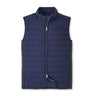 The Peter Millar Boeing Men’s Winsome Hybrid Vest features a navy blue, sleeveless design with gray side panels, front zipper, and BOEING logo on the left chest. The vest is displayed flat against a white background.