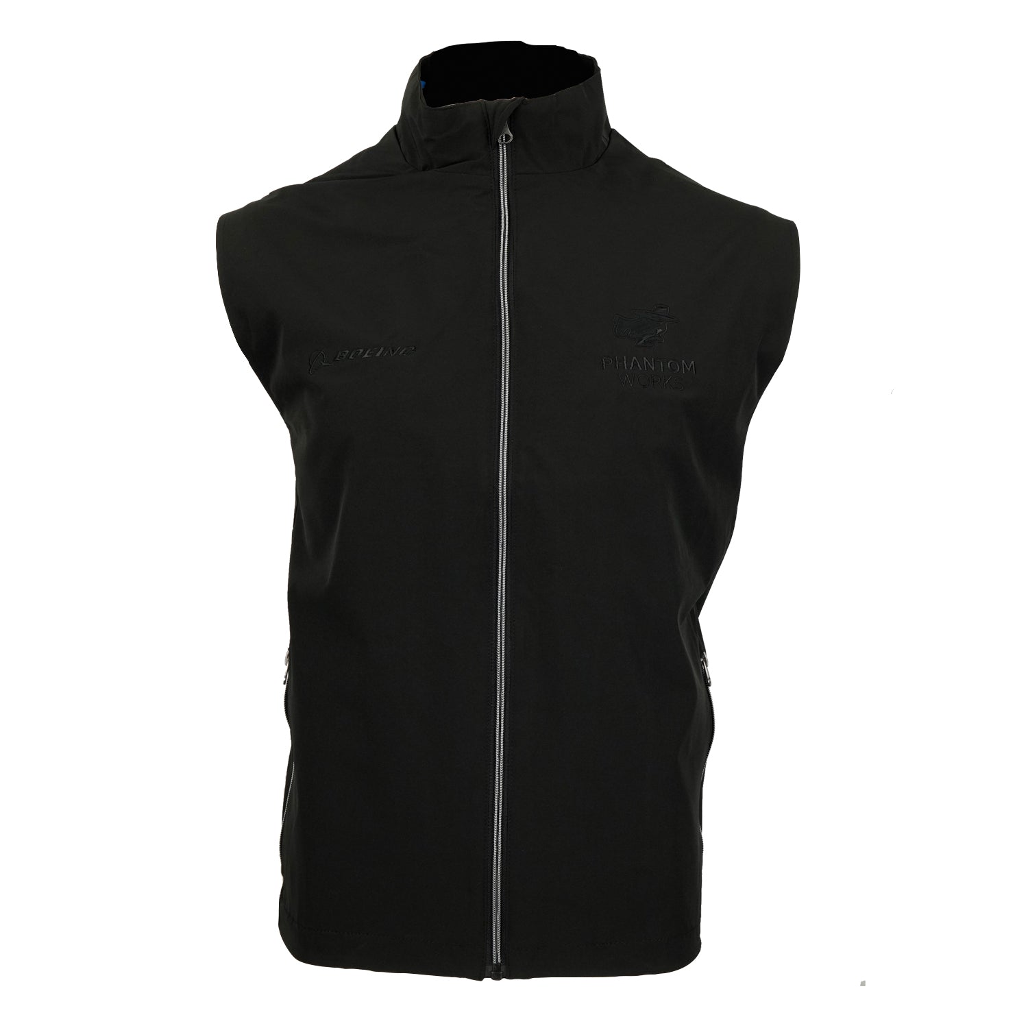 The Boeing Phantom Works 2025 Men’s Newport Vest is a black, sleeveless vest with a high collar and side pockets, featuring subtle embroidered logos on the chest. Displayed on a plain white background.