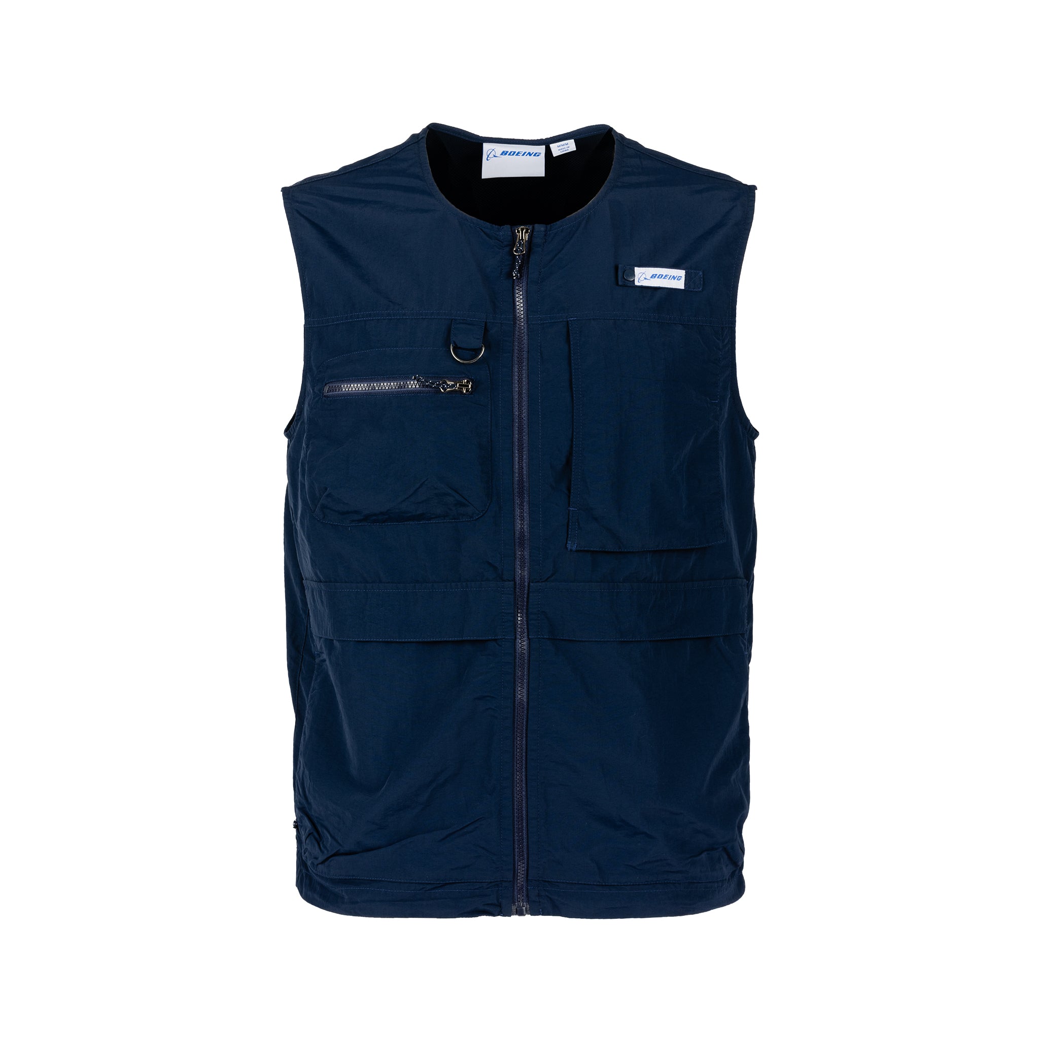The BOEING Signature Logo Men’s Full-Zip Utility Vest is crafted from navy blue water-resistant nylon with quick-dry technology, and showcases a front zipper, multiple utility pockets, and a small Boeing label on the upper left chest, displayed against a white background.