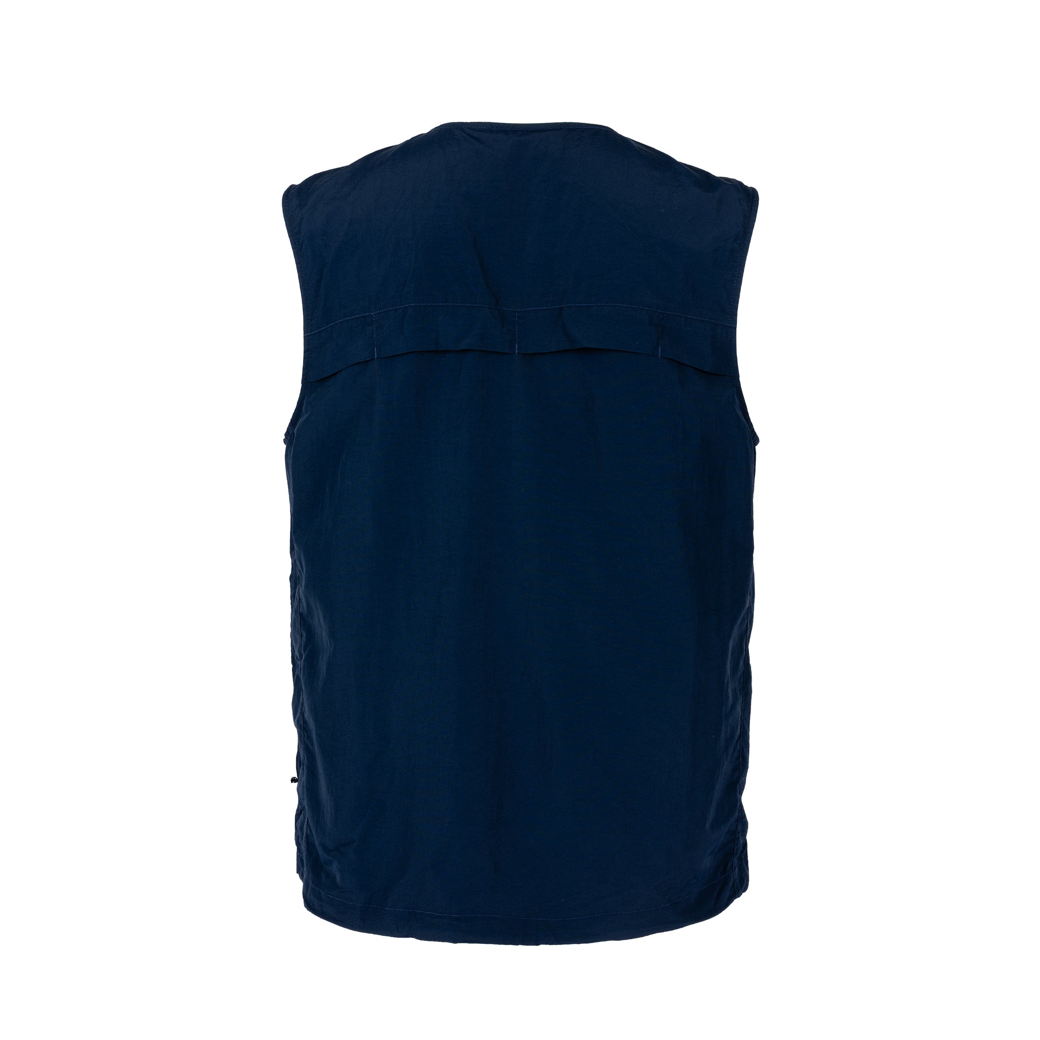 The Boeing Signature Logo Men’s Full-Zip Utility Vest by BOEING is a sleeveless, navy blue, water-resistant nylon vest displayed from the back on a white background. It features a straight hem and a horizontal seam detail across the upper back.