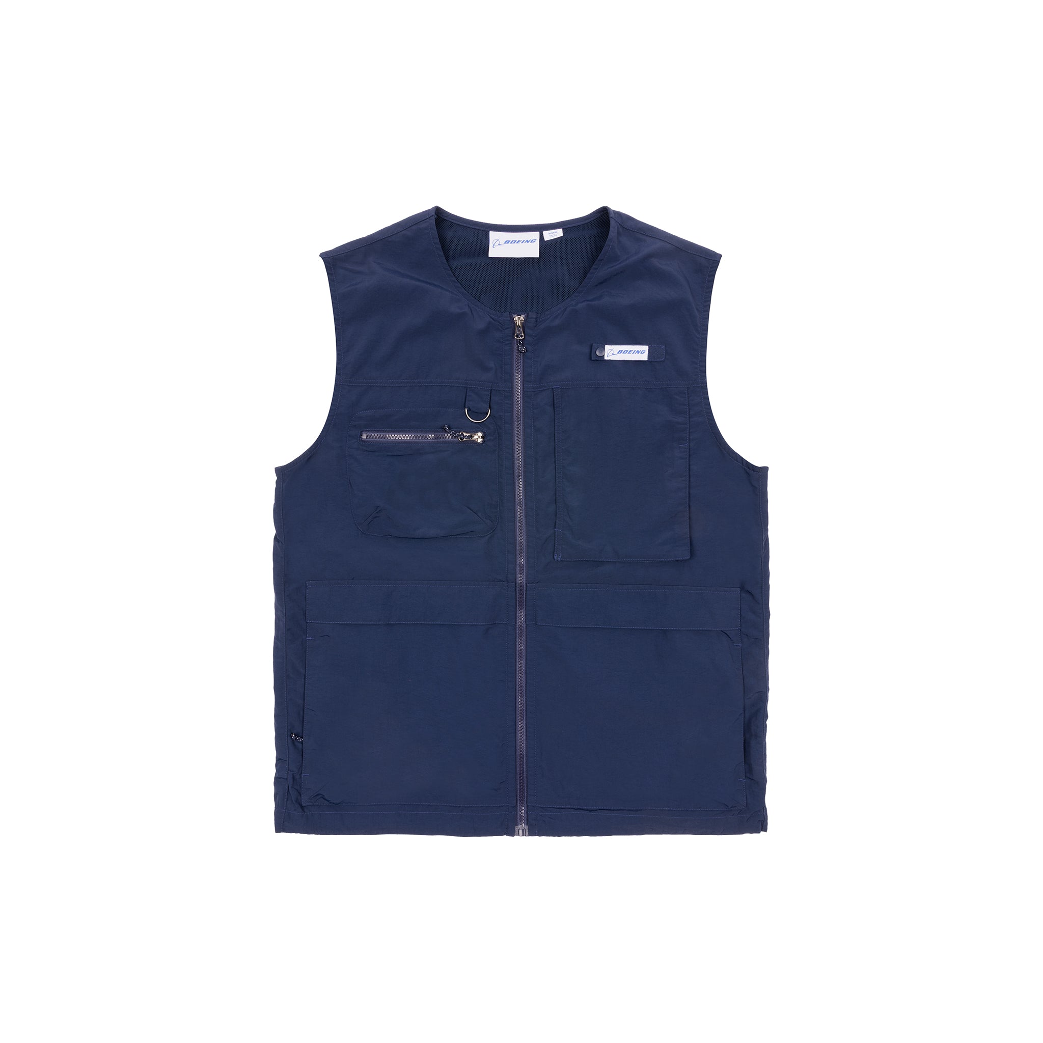 The Boeing Men's Full-Zip Utility Vest by BOEING is a navy blue, water-resistant vest featuring a front zipper, multiple pockets, and a small logo tag on the left chest, shown against a white background.