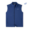 The Peter Millar Boeing Men’s Dunes Performance Vest by BOEING is sleeveless and royal blue, with side pockets, a stand-up collar, and a small white logo on the left chest. It is made from performance fabric and shown laid flat on a white background.