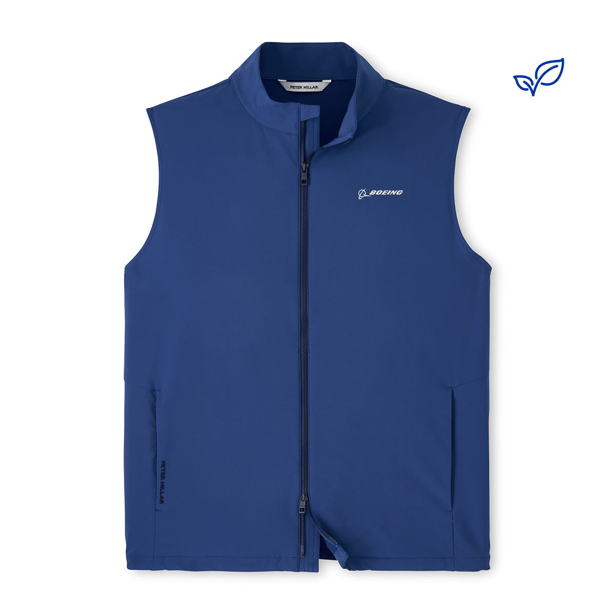 The Peter Millar Boeing Men’s Dunes Performance Vest by BOEING is sleeveless and royal blue, with side pockets, a stand-up collar, and a small white logo on the left chest. It is made from performance fabric and shown laid flat on a white background.