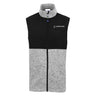 The Boeing Signature Men's Color Block Vest by BOEING features a sleeveless zip-up design with a black upper section and a light gray lower section. Highlighting the Boeing logo on the left chest, this fleece vest includes a high collar design and is shown against a white background.