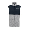 Introducing the Boeing Signature Men's Color Block Vest by BOEING, a stylish fleece vest featuring a heather gray lower half and solid navy upper half. This vest includes a front zipper, high collar, and displays the Boeing logo on the left chest.