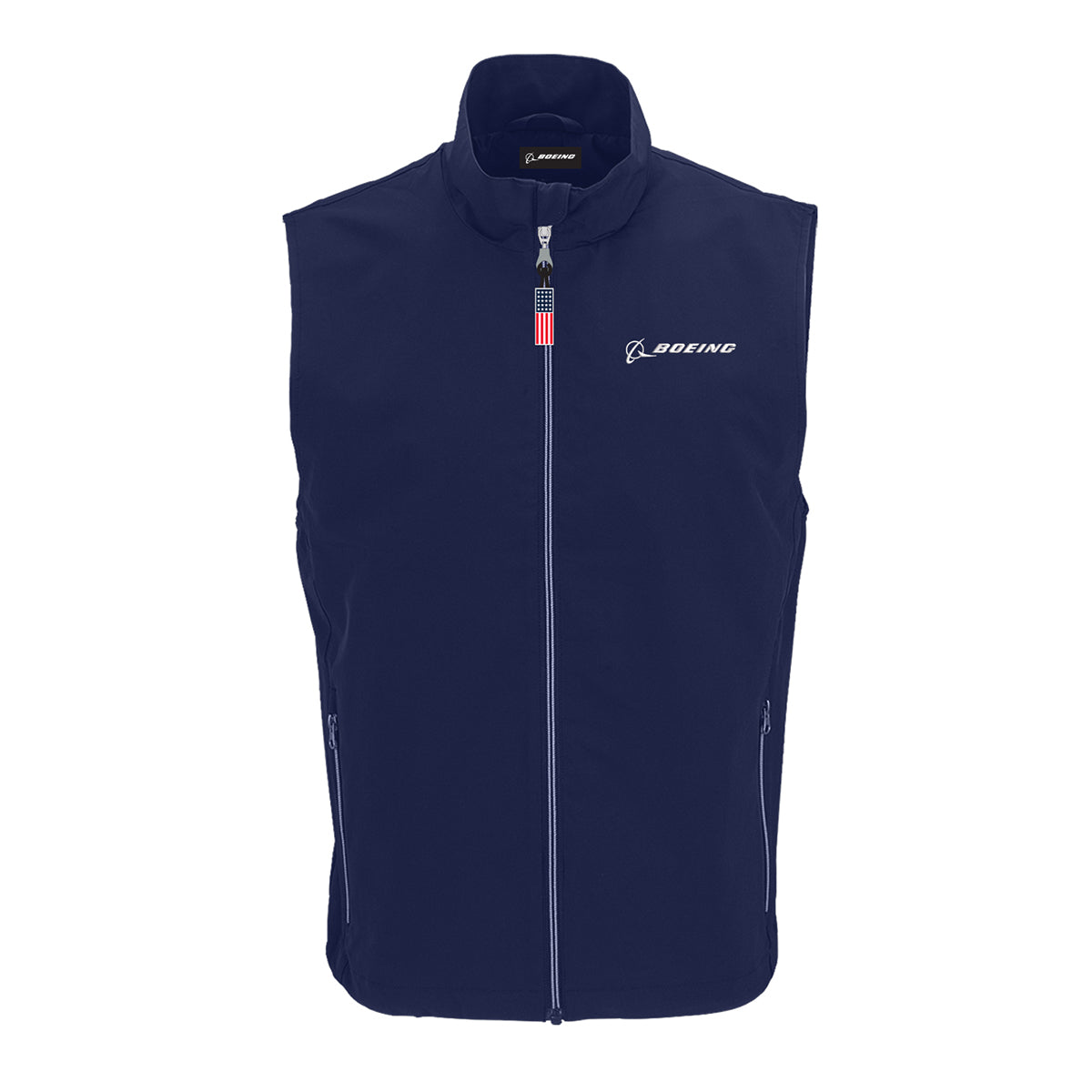 Display your pride in the BOEING Americana Men’s Lightweight Vest—navy blue, sleeveless, with a zip front, chest logo, and an American flag zipper pull for a patriotic accent.