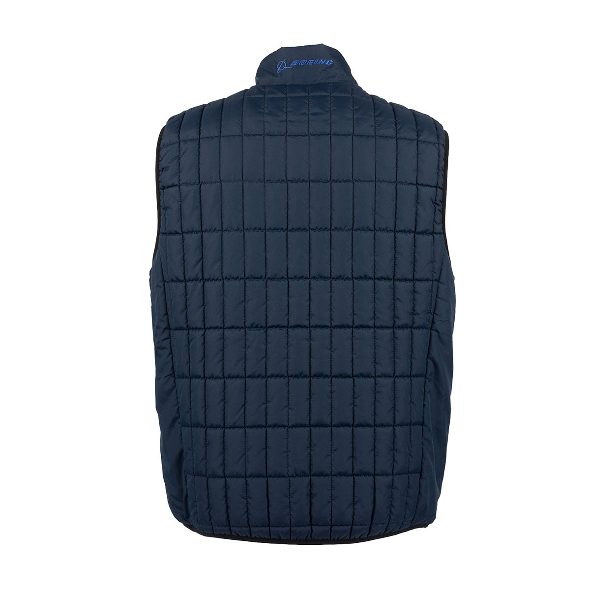 Back view of a dark blue, quilted, recycled polyester, sleeveless Boeing Unisex Lightweight Full-Zip Vest with a logo on the collar.