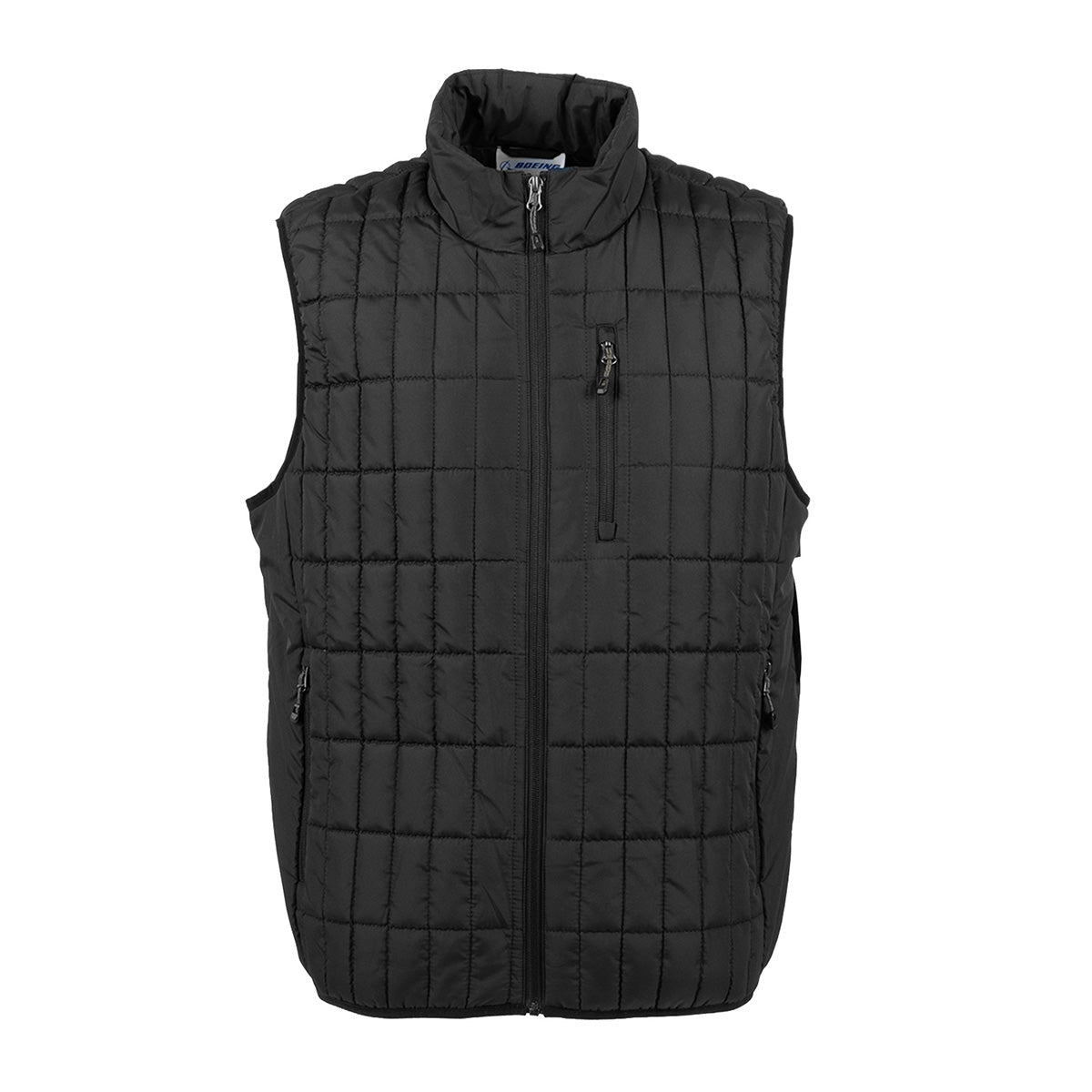 Boeing Unisex Lightweight Full-Zip Vest in black recycled polyester with a stand-up collar, two-way front zipper, and zippered chest and side pockets.
