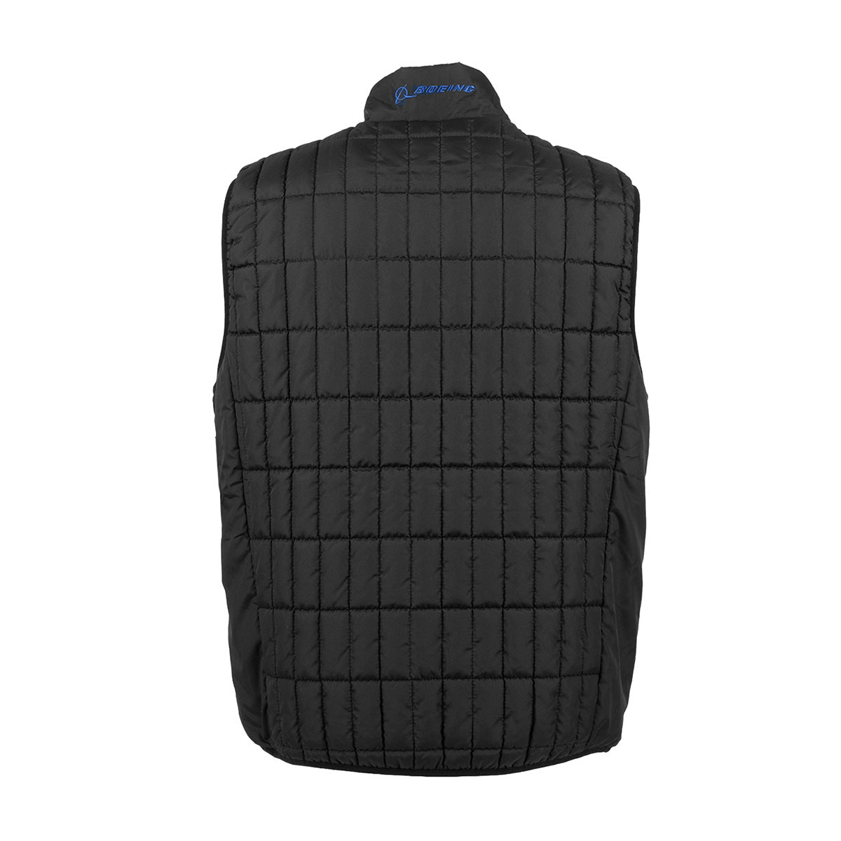 Back view of a black quilted recycled polyester Boeing Unisex Lightweight Full-Zip Vest with a blue Boeing logo on the collar.
