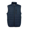 Navy blue quilted Boeing Unisex Lightweight Full-Zip Vest in recycled polyester, featuring a stand-up collar, two-way zipper, and three zippered pockets.