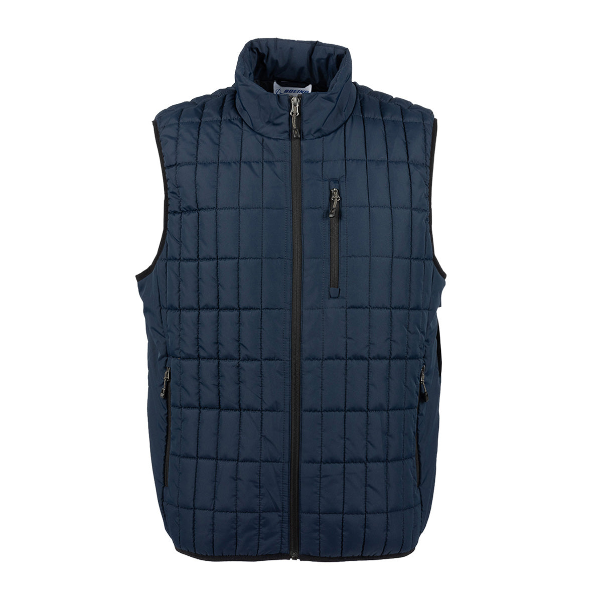 Navy blue quilted Boeing Unisex Lightweight Full-Zip Vest in recycled polyester, featuring a stand-up collar, two-way zipper, and three zippered pockets.