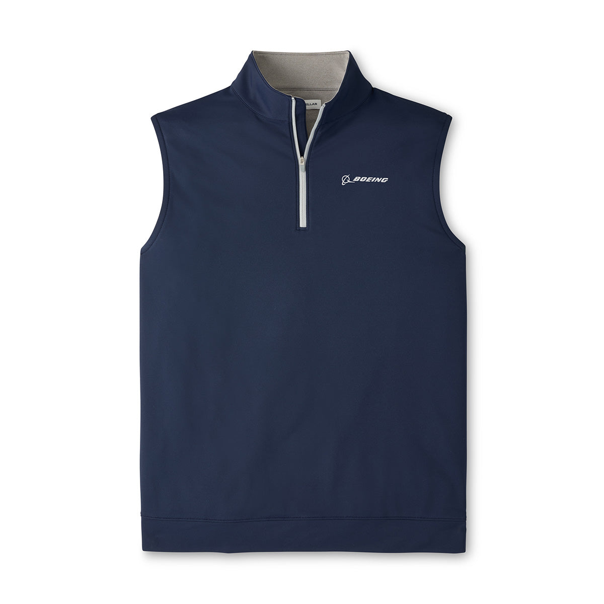 The Peter Millar Boeing Men’s Galway Quarter-Zip Performance Vest features a navy blue, sleeveless design with a light gray inner collar, front quarter-zip closure, and the Boeing logo on the left chest. Crafted from performance fabric, this BOEING vest is water repellent and showcases a modern, minimalist style.