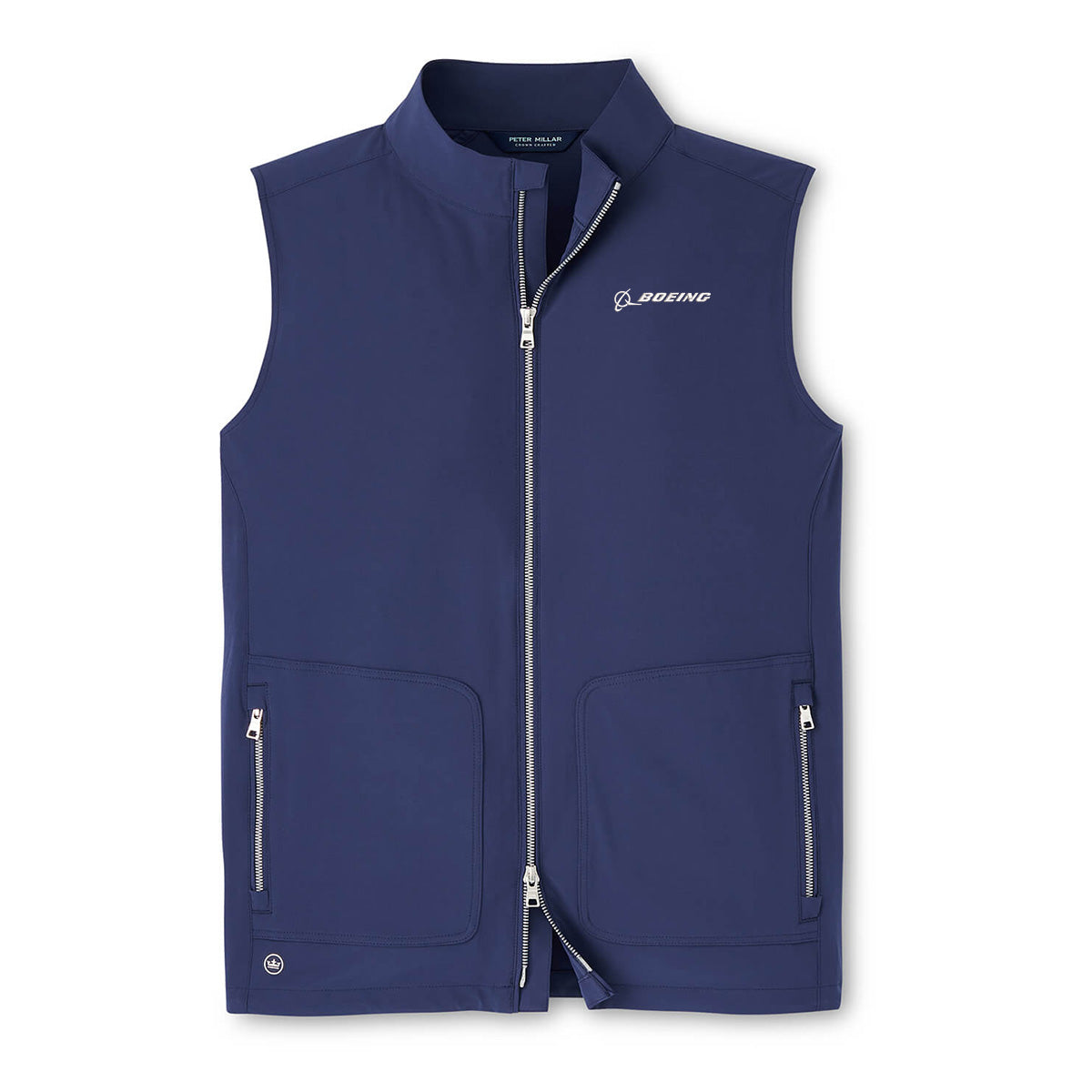 The Peter Millar Boeing Men’s Contour Performance Vest by BOEING is a sleeveless, ultra-lightweight navy blue vest featuring an upright collar, smooth four-way stretch material, a front zipper, two zippered pockets, and the Boeing logo on the left chest.
