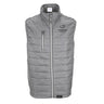 Introducing the Boeing Phantom Works Men’s Quilted Vest by BOEING—a gray, water-repellent vest featuring a front zipper, a zippered chest pocket, and the PHANTOM WORKS logo with an aircraft graphic on the left chest. This stylish and functional vest is perfect for everyday wear.