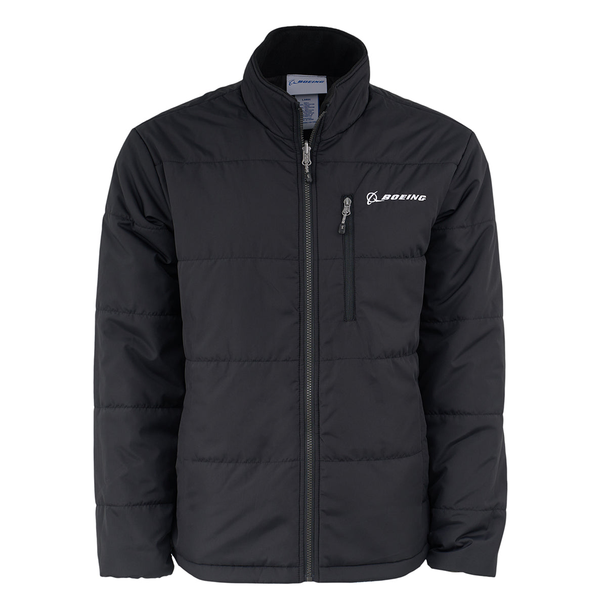 The Boeing Men's 3-in-1 Systems Jacket by BOEING is a black zip-up puffer with a high collar, front chest pocket, and embroidered Boeing logo on the left chest, shown on a plain white background.