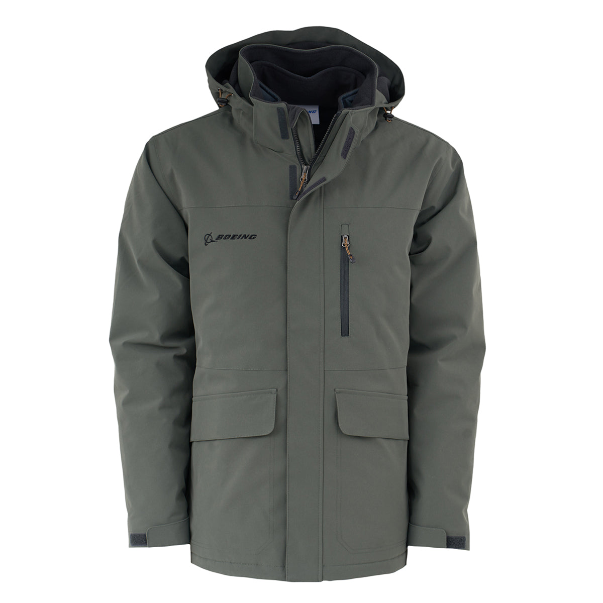 The BOEING Men's 3-in-1 Systems Jacket in green features a hood, front zipper, buttoned flap pockets, zippered chest pocket, and the Boeing logo on the left chest—versatile outerwear for excellent weather protection.