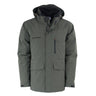 The BOEING Men's 3-in-1 Systems Jacket in green features a hood, front zipper, buttoned flap pockets, zippered chest pocket, and the Boeing logo on the left chest—versatile outerwear for excellent weather protection.