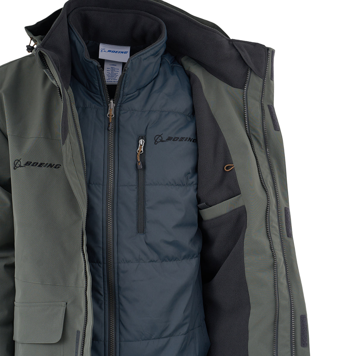 The Boeing Men's 3-in-1 Systems Jacket by BOEING features a padded, zippered lining, multiple interior pockets, and visible logos on both layers. Its green and black design offers versatile weather protection for any condition.