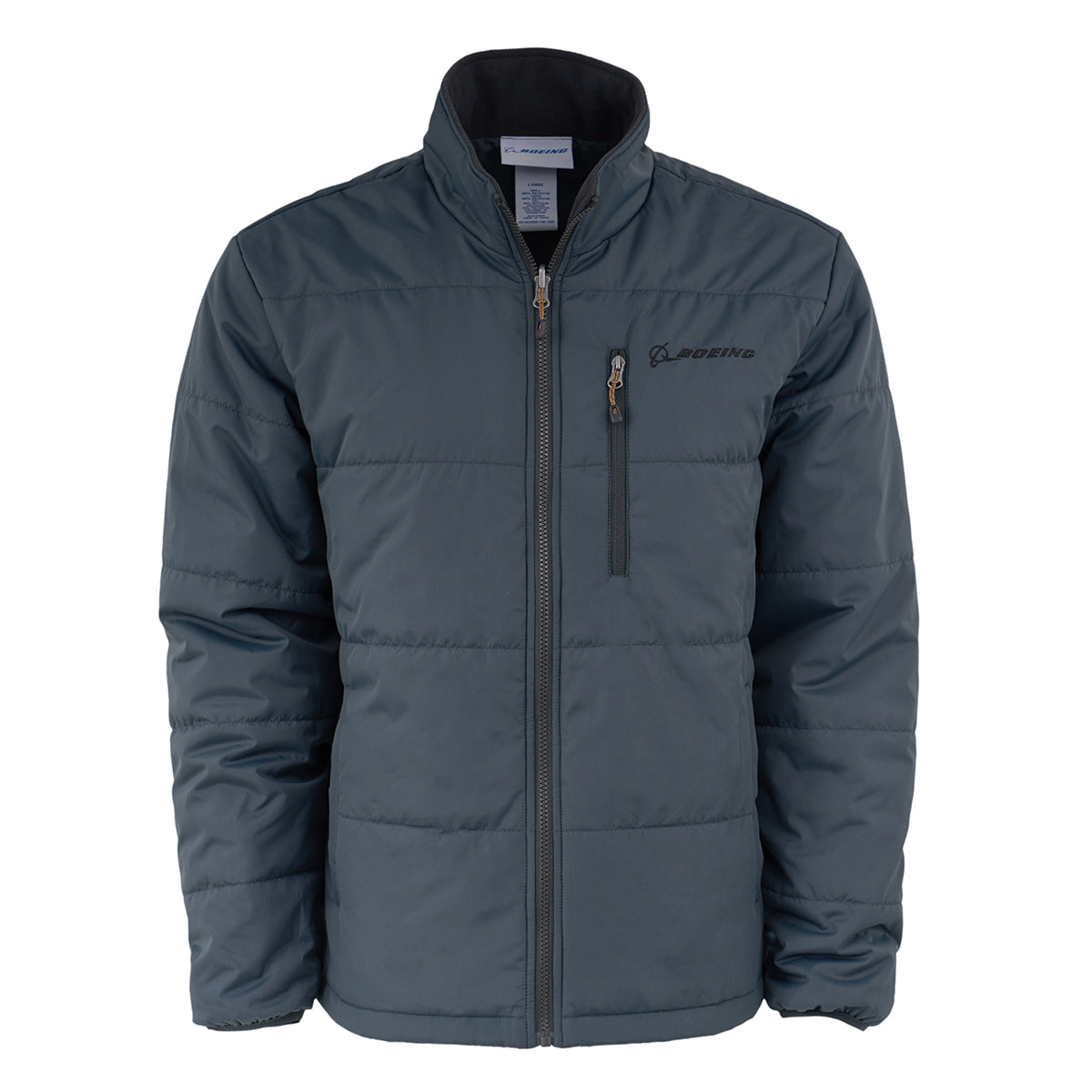 The Boeing Men's 3-in-1 Systems Jacket by BOEING is a gray quilted puffer with a front zipper, zippered chest pocket, stand-up collar, long sleeves, and the Boeing logo embroidered on the upper left chest.