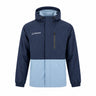 Boeing Unisex Ripstop Waterproof Rain Jacket in two-toned navy and light blue, featuring a hood, a zippered chest pocket, and a reflective Boeing logo on the upper left chest.