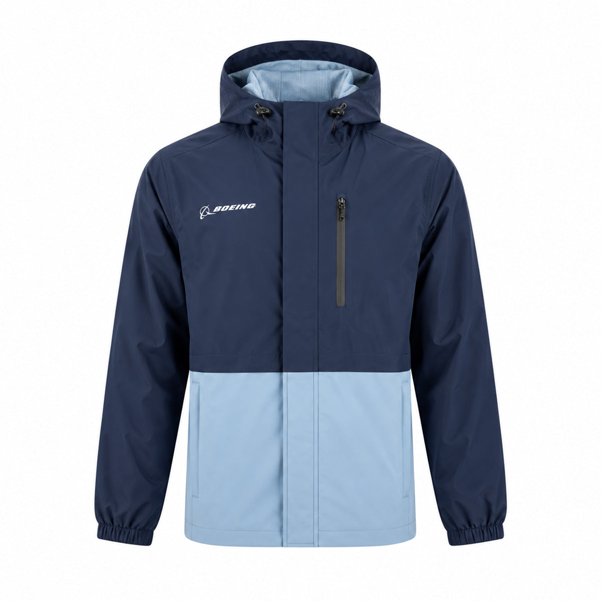 Boeing Unisex Ripstop Waterproof Rain Jacket in two-toned navy and light blue, featuring a hood, a zippered chest pocket, and a reflective Boeing logo on the upper left chest.