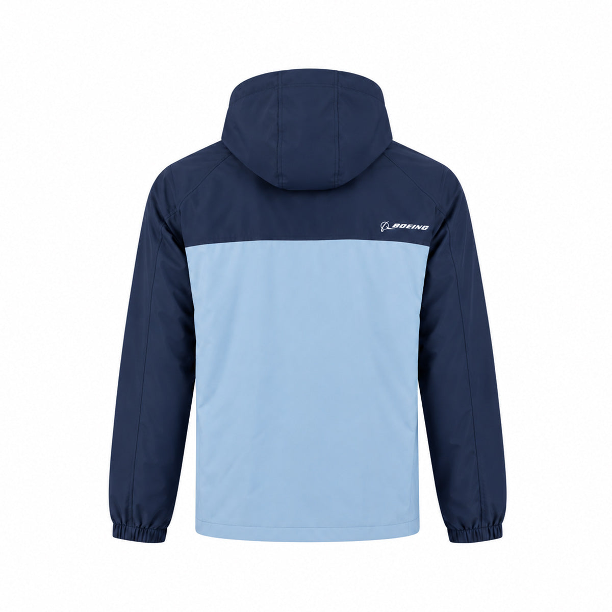 Back view of a navy and light blue Boeing Unisex Ripstop Waterproof Rain Jacket with a reflective Boeing logo on the upper back.
