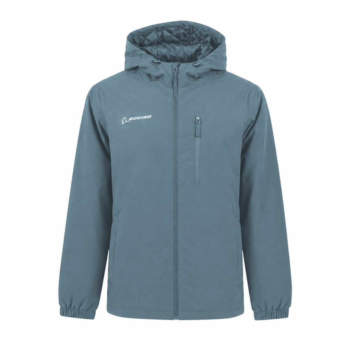 Blue Boeing Unisex Insulated Waterproof Rain Jacket featuring a reflective logo, full-front zipper, elastic cuffs, and a zippered chest pocket.