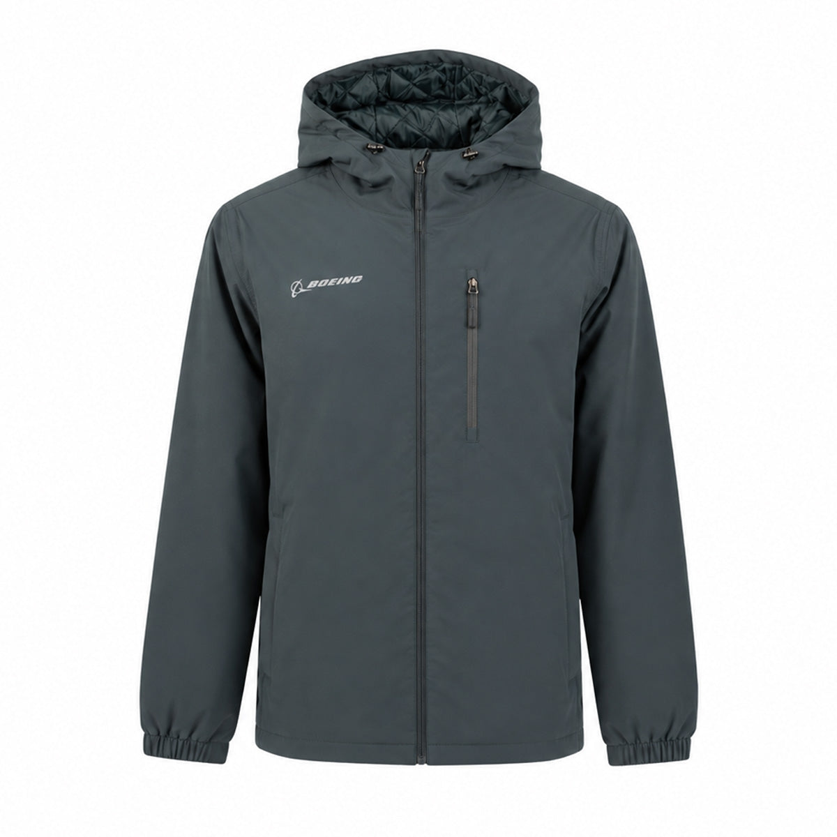 Dark gray Boeing Unisex Insulated Waterproof Rain Jacket with a zippered chest pocket and a reflective logo on the right chest.
