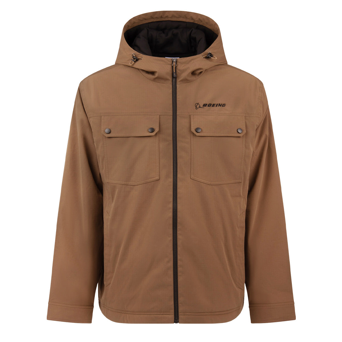Brown water-resistant Boeing Men’s Ripstop jacket featuring a hood, two chest pockets, a front zipper closure, and a brand logo on the left chest.