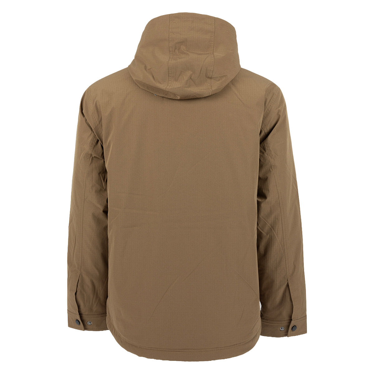 Back view of a brown Boeing Men’s Ripstop Jacket featuring a grid-patterned polyester texture, a hood, and button cuffs.