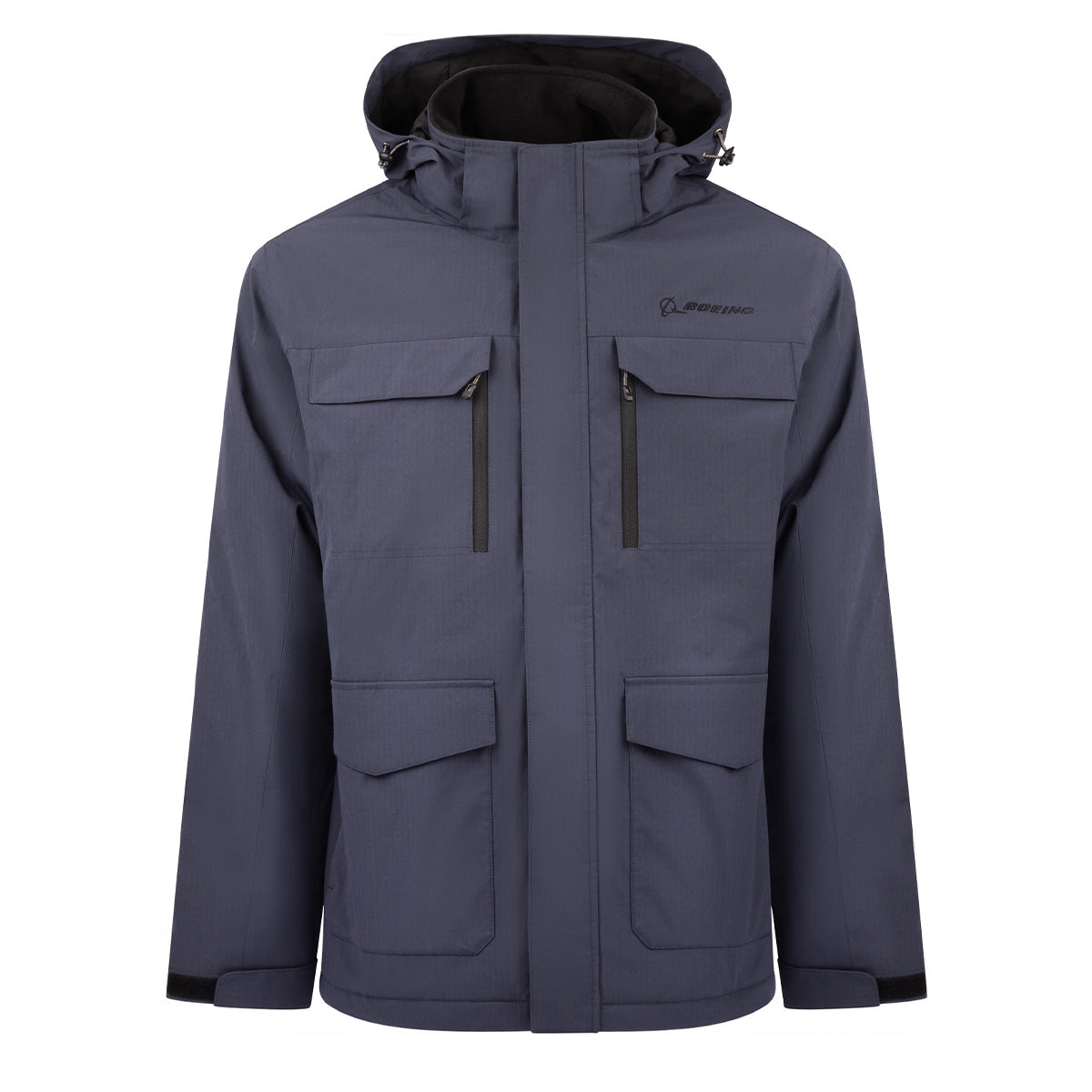 Boeing Men’s Workman Jacket in dark grey, featuring a hood, four front pockets, and a front zipper closure.