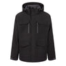 Black hooded water-resistant Boeing Men’s Workman Jacket with four front pockets and a front zipper closure.