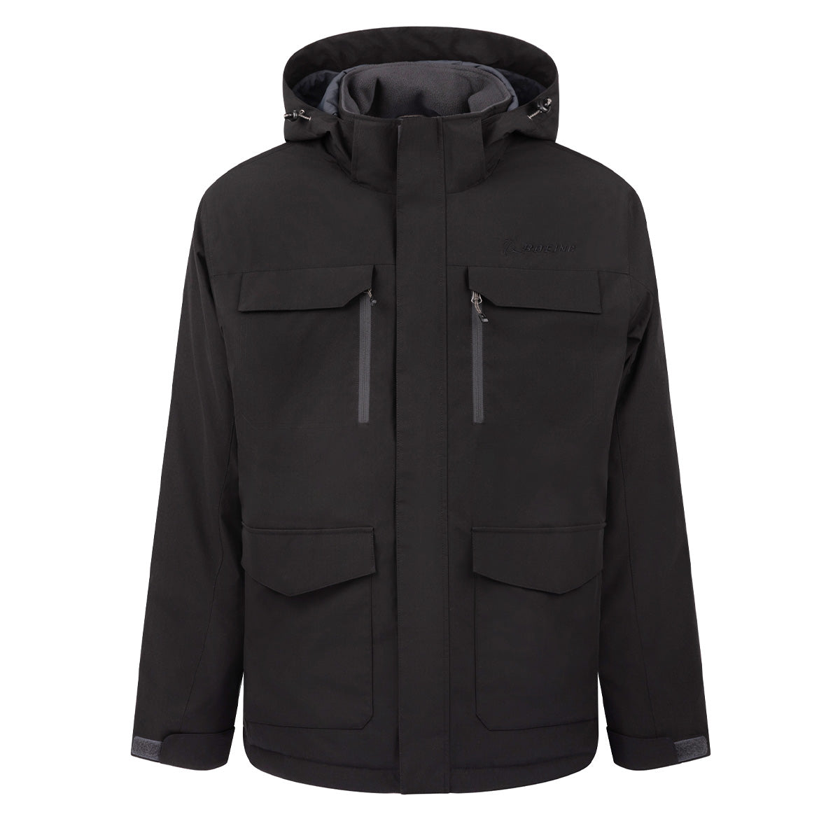 Black hooded water-resistant Boeing Men’s Workman Jacket with four front pockets and a front zipper closure.