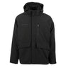 Black water-resistant Boeing Unisex 3-in-1 Systems Jacket with a hooded design, front zipper, two large flap pockets, a vertical zippered chest pocket, and a small logo on the right chest.