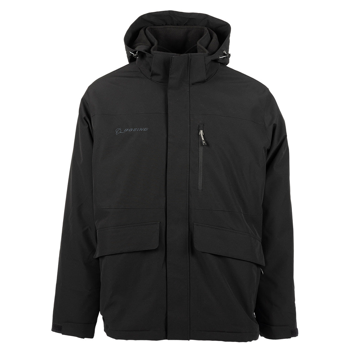 Black water-resistant Boeing Unisex 3-in-1 Systems Jacket with a hooded design, front zipper, two large flap pockets, a vertical zippered chest pocket, and a small logo on the right chest.